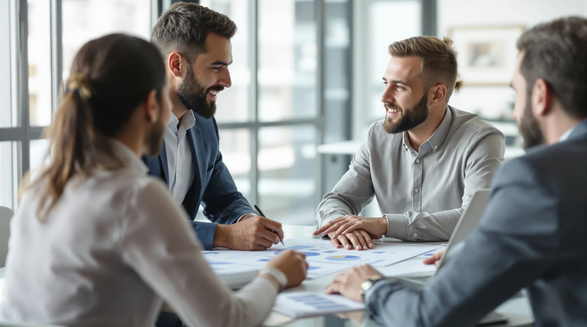 Small business owner and advisor reviewing operational plans in a modern conference room