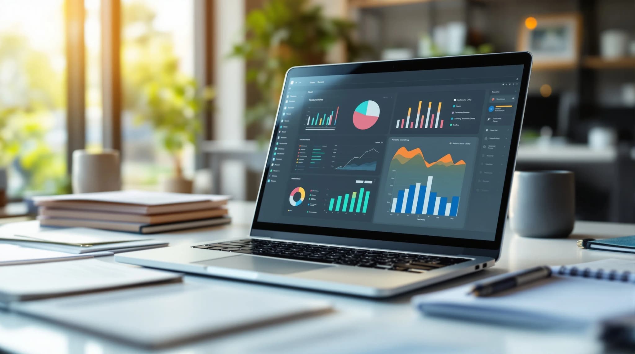 An organized modern desk with reports, laptop, calendar, and business documents