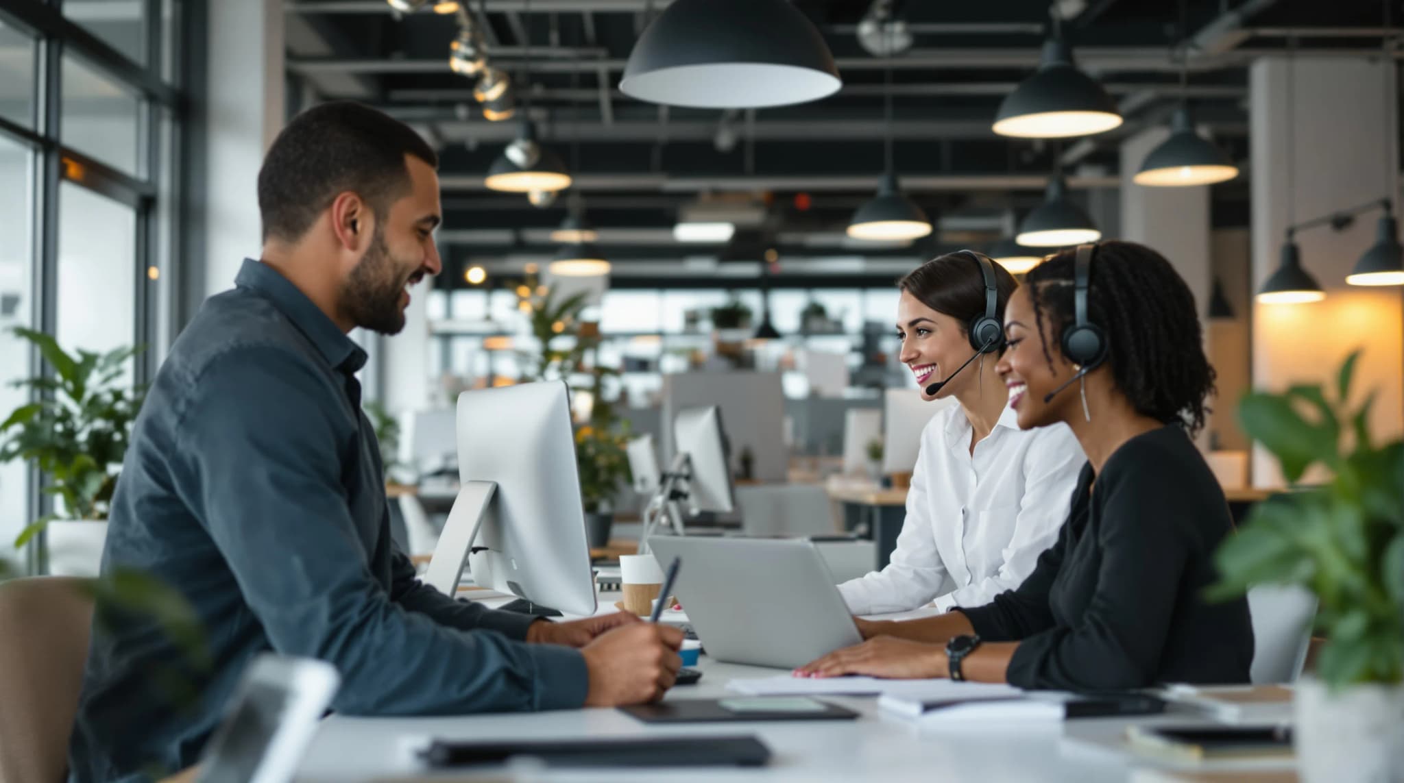A calm professional shared office support team collaborating in a modern office